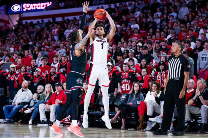 Georgia guard Jabri Abdur-Rahim (1) during Georgia’s game against South Carolina at Stegeman Coliseum in Athens, Ga., on Saturday, Feb. 3, 2024. (Cassie Baker/UGAAA)